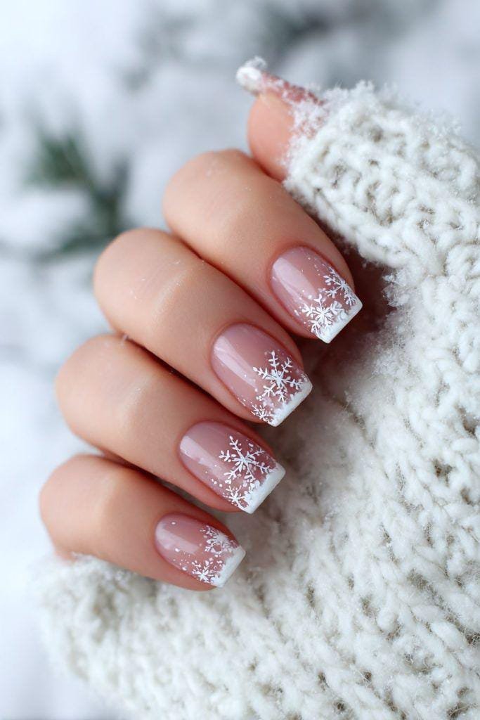 Snowflake Art On French Tips Visual Idea Snowflake Art On French Tips Visual Idea — Short Winter Nails