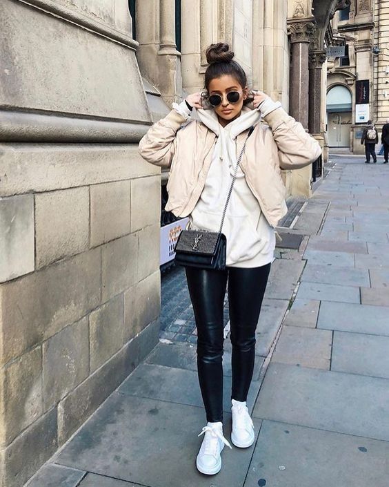 Beige Bomber Jacket Over Hoodie with Faux Leather Pants for Casual Fall/Winter Beige Bomber Jacket Over Hoodie with Faux Leather Pants for Casual Fall/Winter — Fall to Winter Outfits