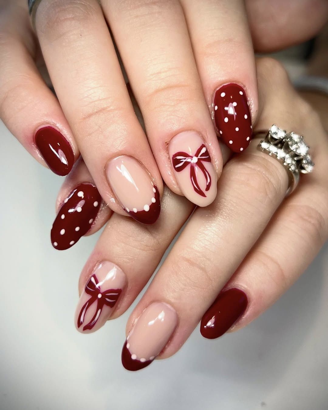 Deep Red Bow and Polka Dot Nails Deep Red Bow and Polka Dot Nails — Winter Red Nails