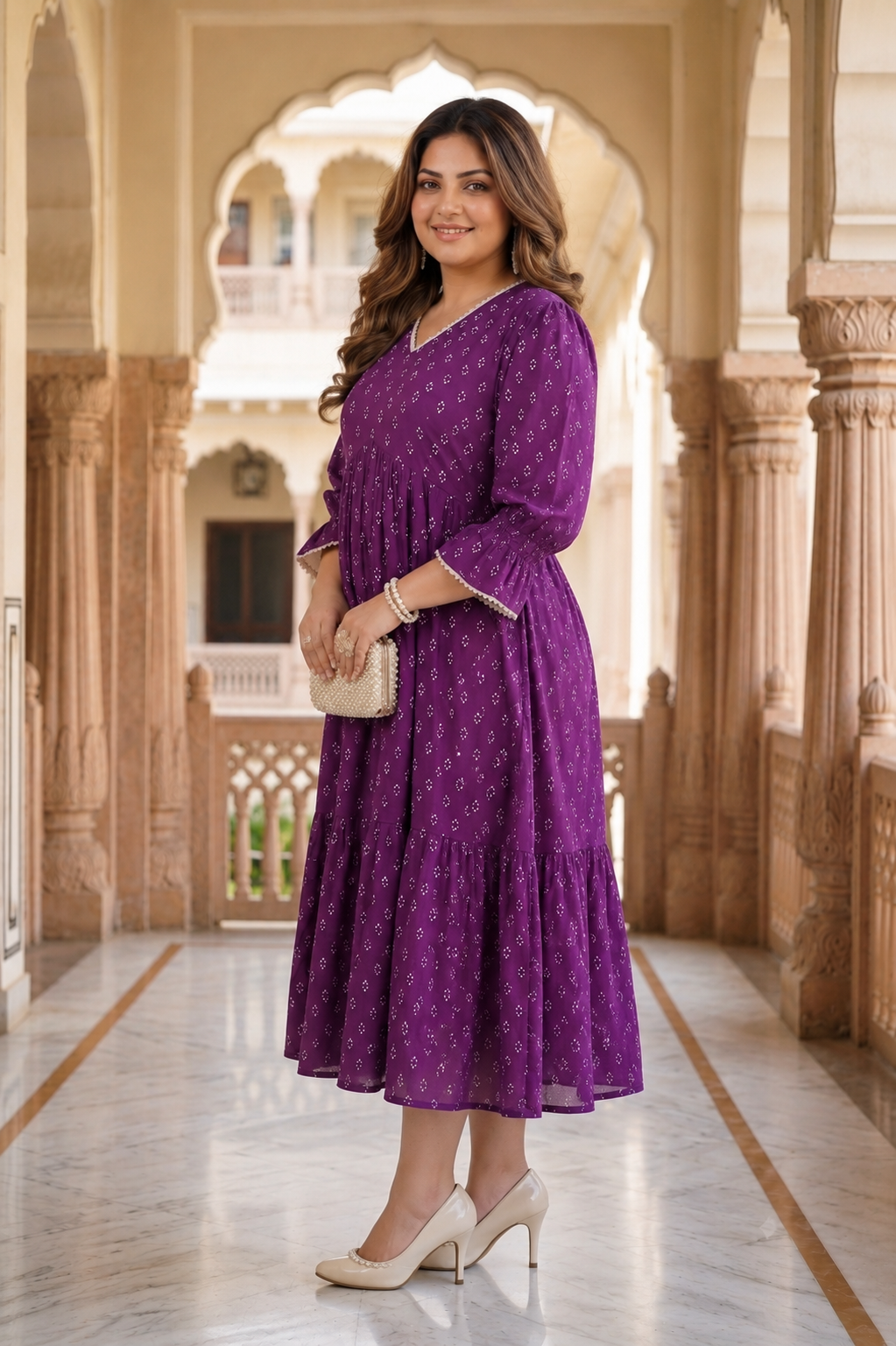 Casual Royal Purple Tiered Midi Dress with Geometric Print Casual Royal Purple Tiered Midi Dress with Geometric Print — Royal Purple Outfits