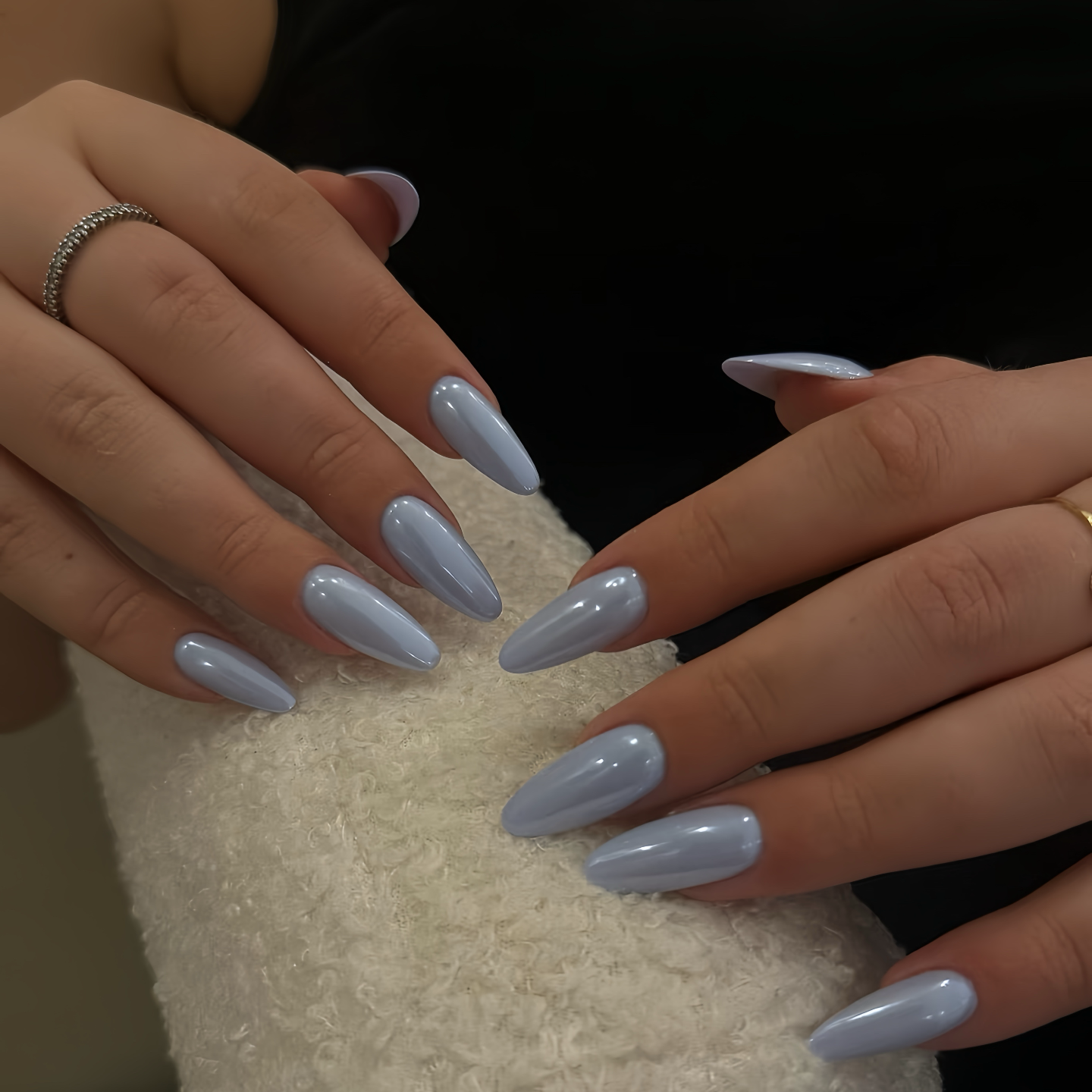 Soft Muted Blue Glossy Almonds — Icy Blue Nails