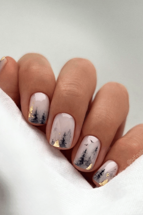 Winter Landscape Scene Nails Winter Landscape Scene Nails — Short Winter Gel Nails