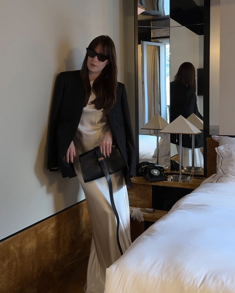 Champagne Satin Slip Dress with Oversized Black Blazer Champagne Satin Slip Dress with Oversized Black Blazer — Winter Date Night Outfits