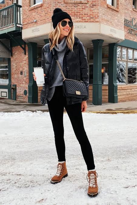 Black Puffer Jacket with Shearling Trim Boots — Late Winter Outfits