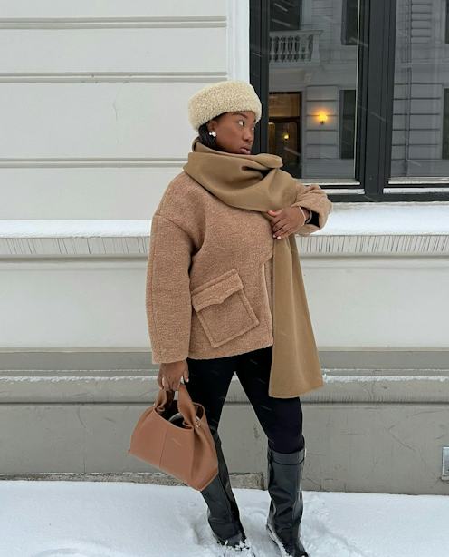 Beige Fuzzy Hat with Textured Camel Jacket and Knee-High Boots Beige Fuzzy Hat with Textured Camel Jacket and Knee-High Boots — Beanie Outfits