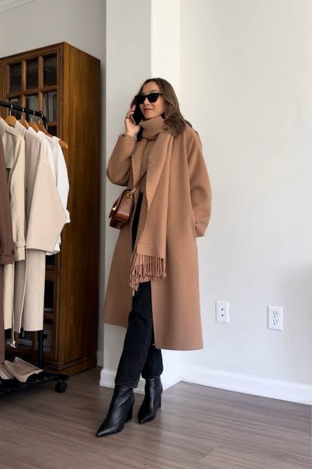 Camel Coat and Scarf Set with Black Trousers Camel Coat and Scarf Set with Black Trousers — Brown Coat Outfits