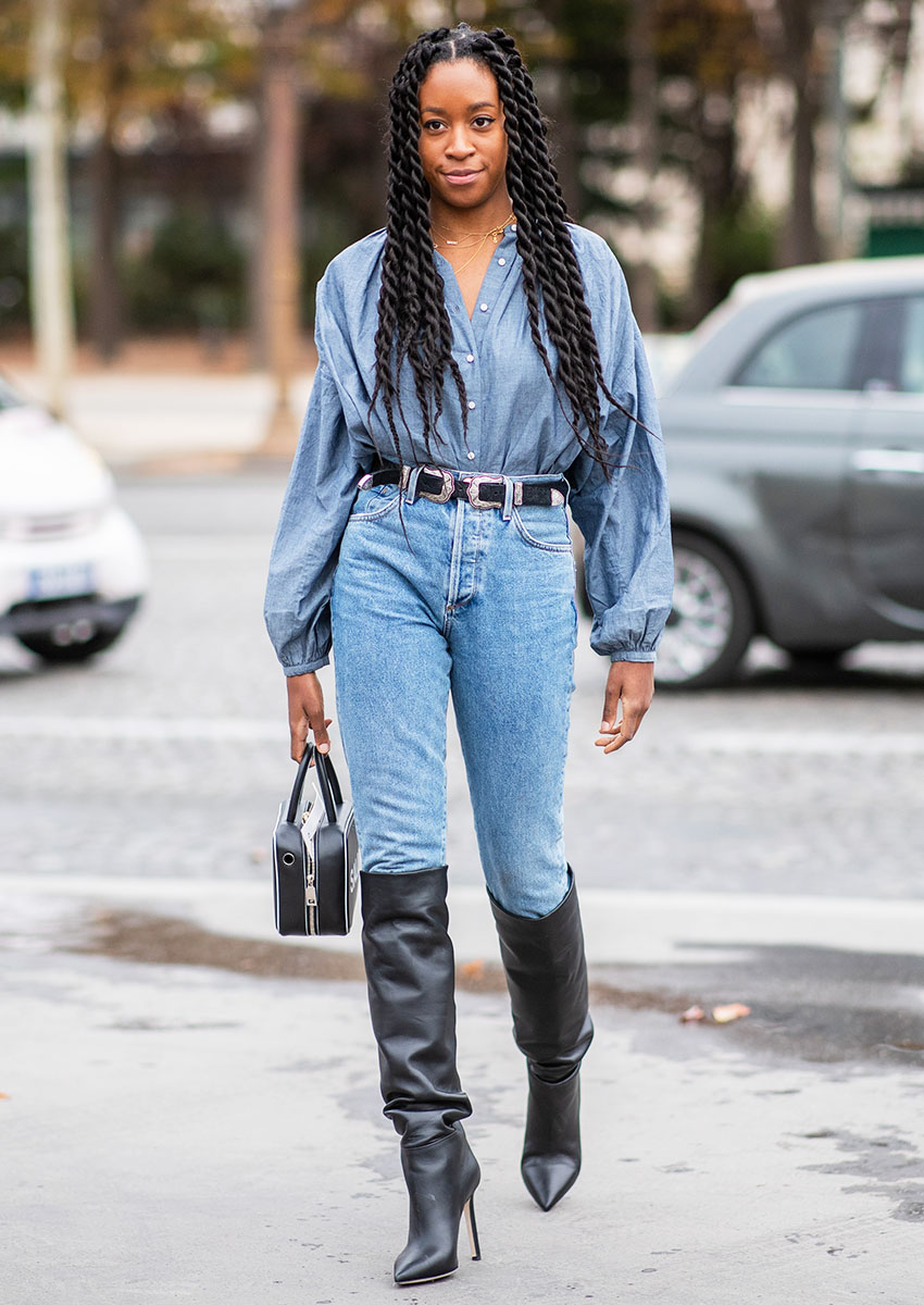 Denim Shirt with Belt and Knee-High Boots — Winter to Spring Transition Outfits
