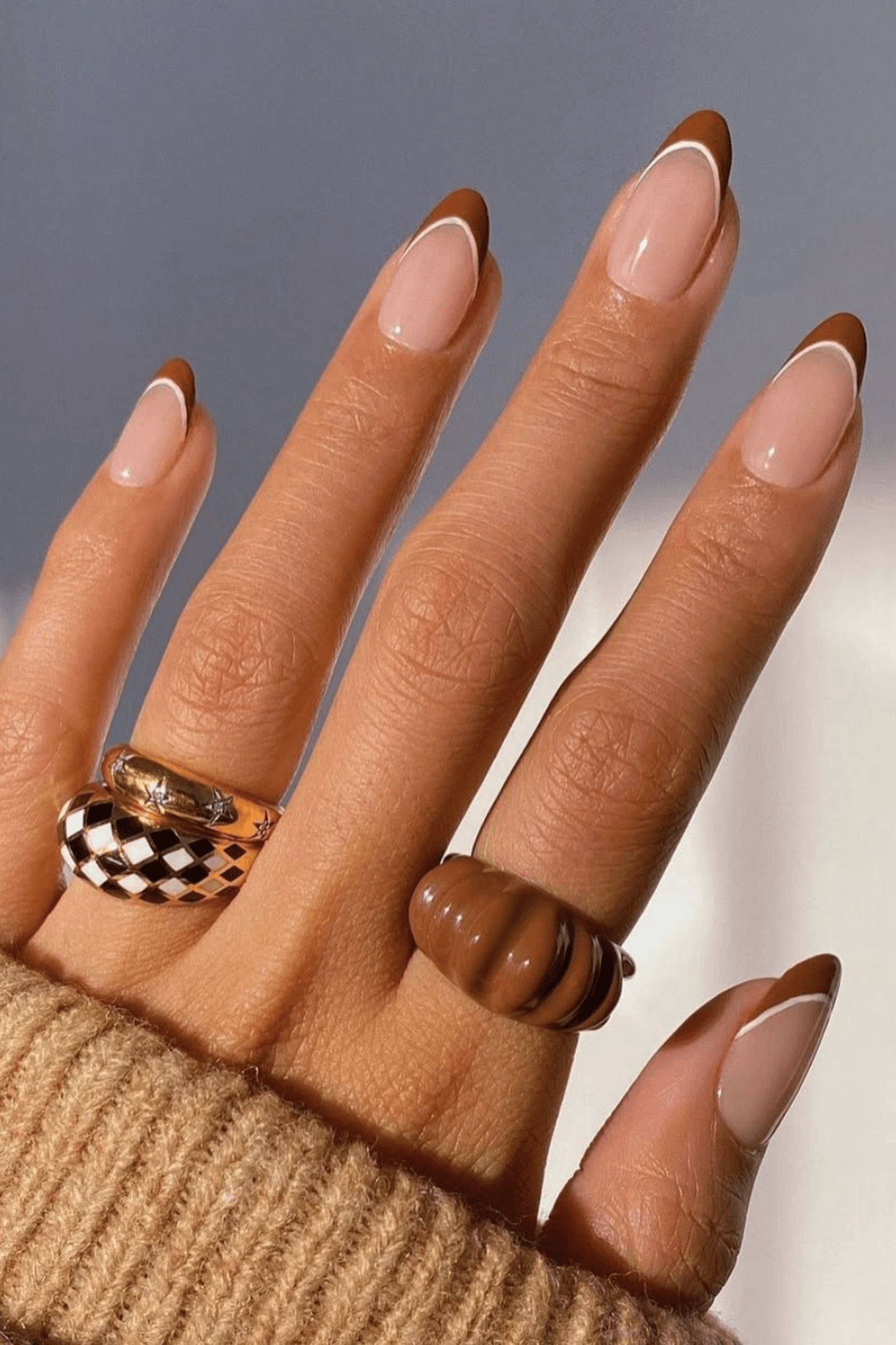 One Hand Close-Up Sheer Nude with Deep Brown French Tips — Mocha Nails