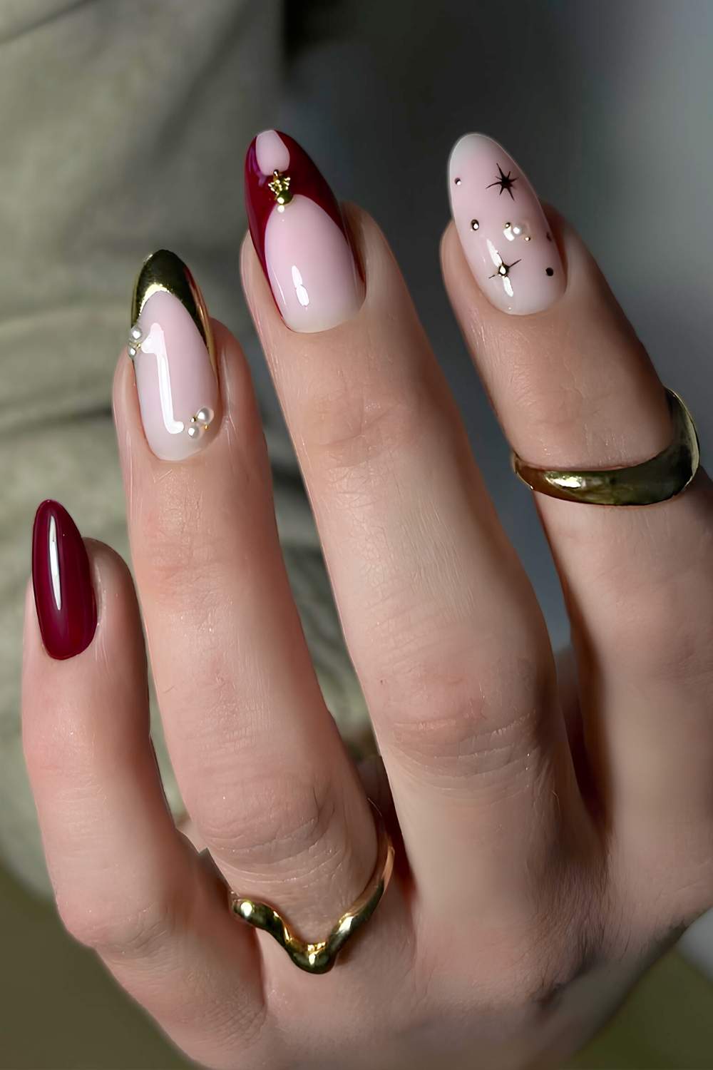 Dark Red French Gold Accent Almonds Dark Red French Gold Accent Almonds — Winter Formal Nails