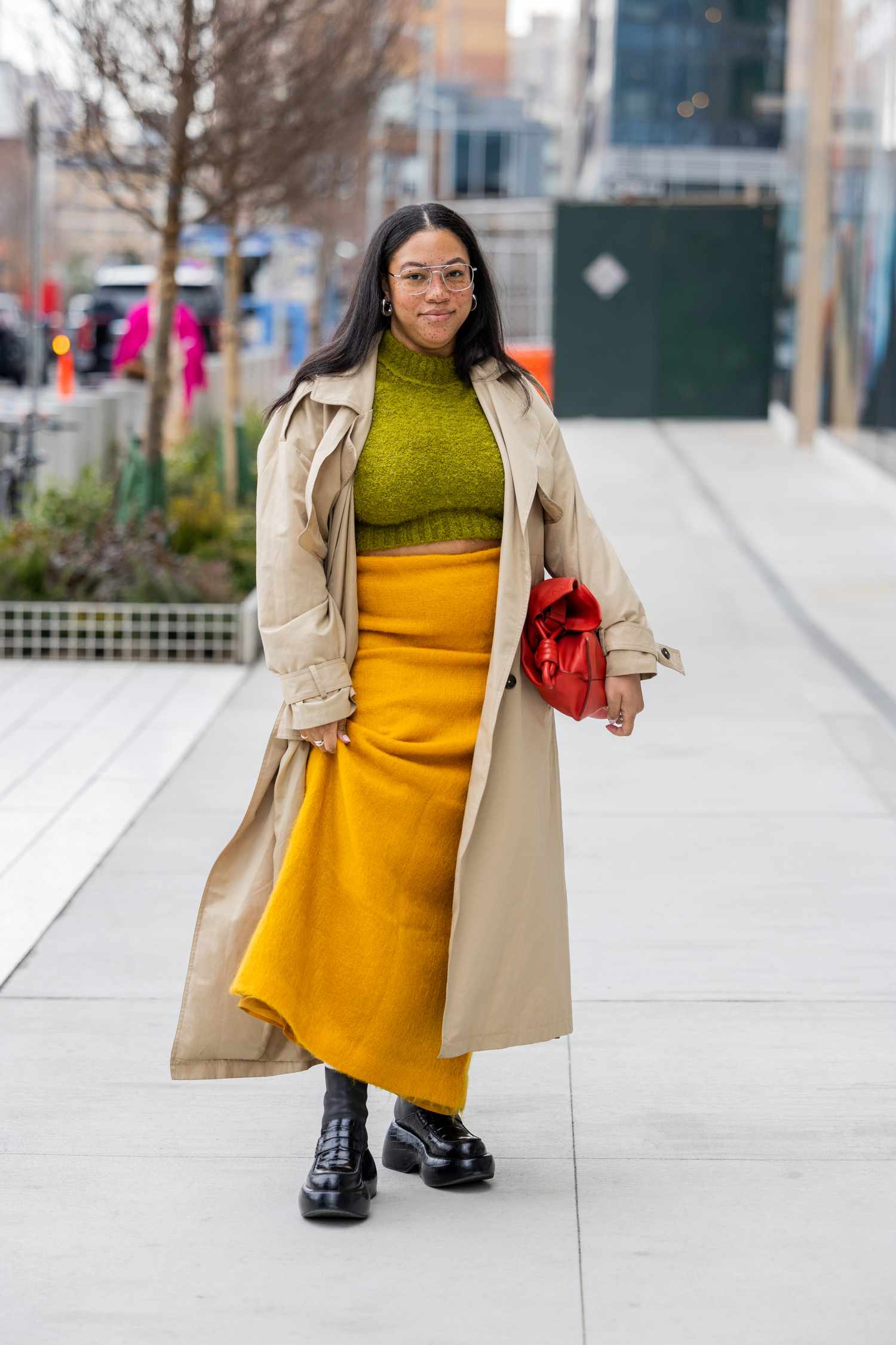 Yellow Wool Midi Skirt with Beige Trench Coat and Chunky Boots — Winter Skirt Outfits