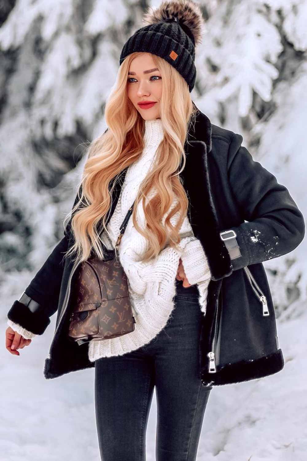 Shearling-Lined Jacket with Cable-Knit Sweater — Grunge Winter Outfits