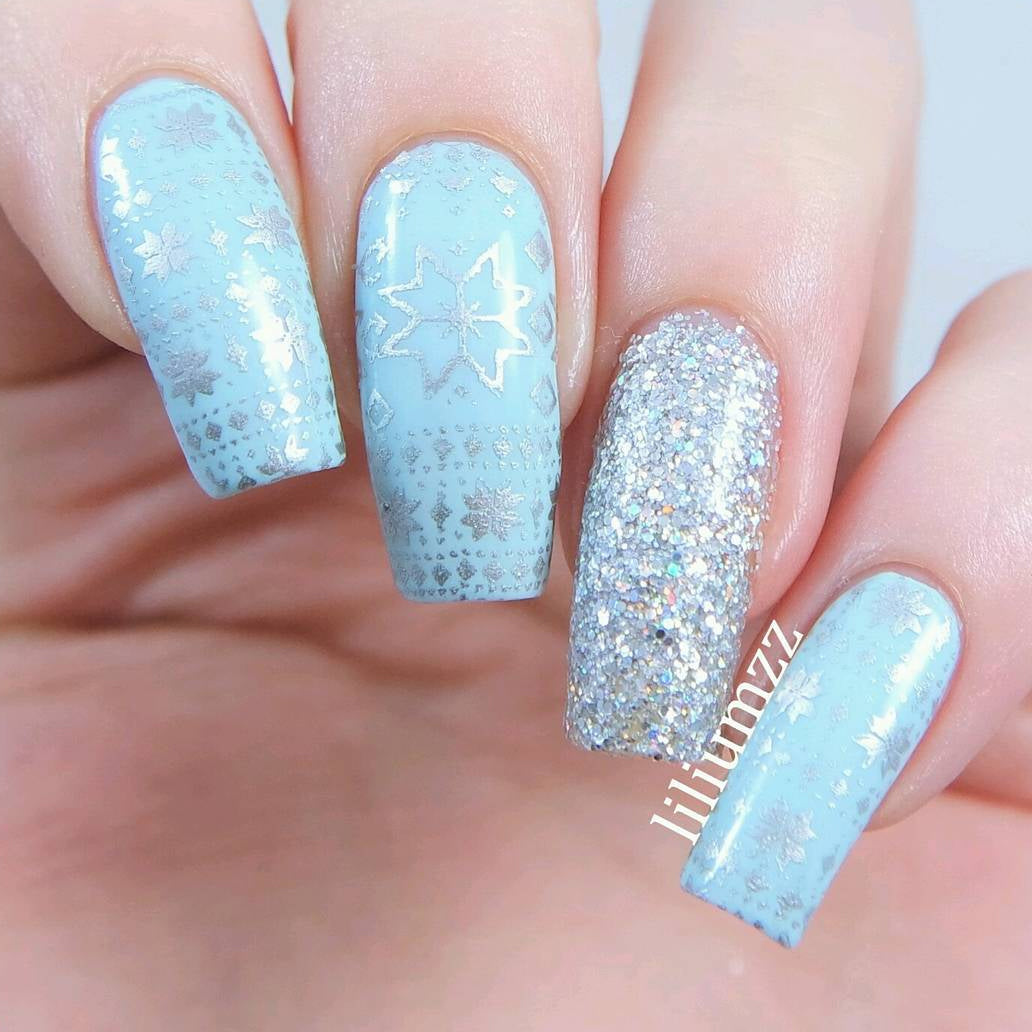 Light Blue with Silver Stamping Art Light Blue with Silver Stamping Art — Winter Wonderland Nails