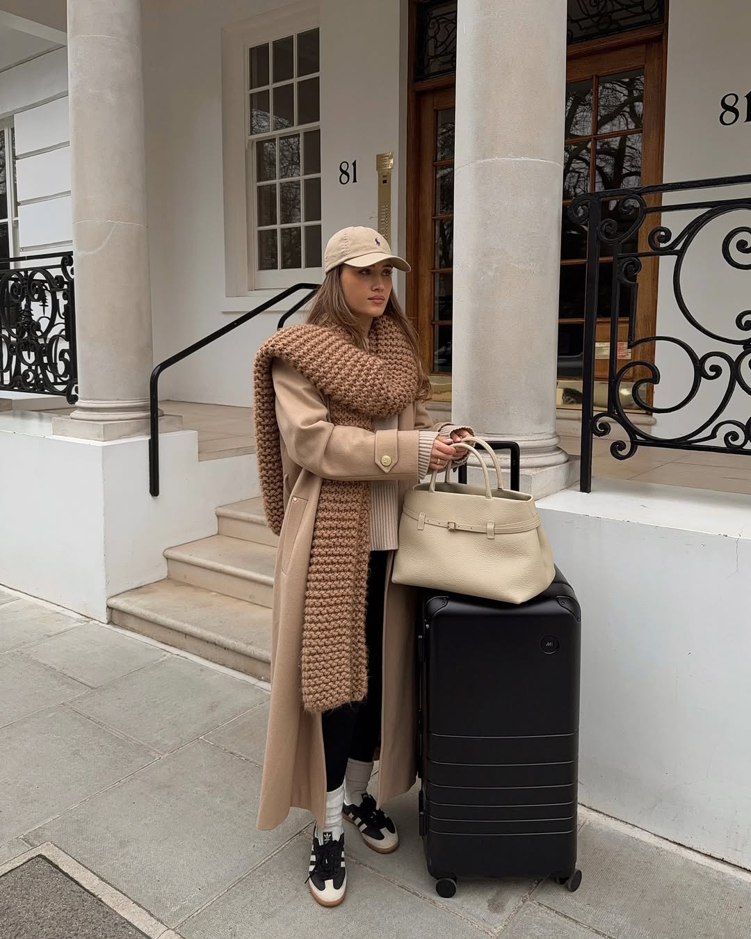 Camel Coat, Knit Sweater, and Black Leggings with Scarf — Winter Airport Outfits