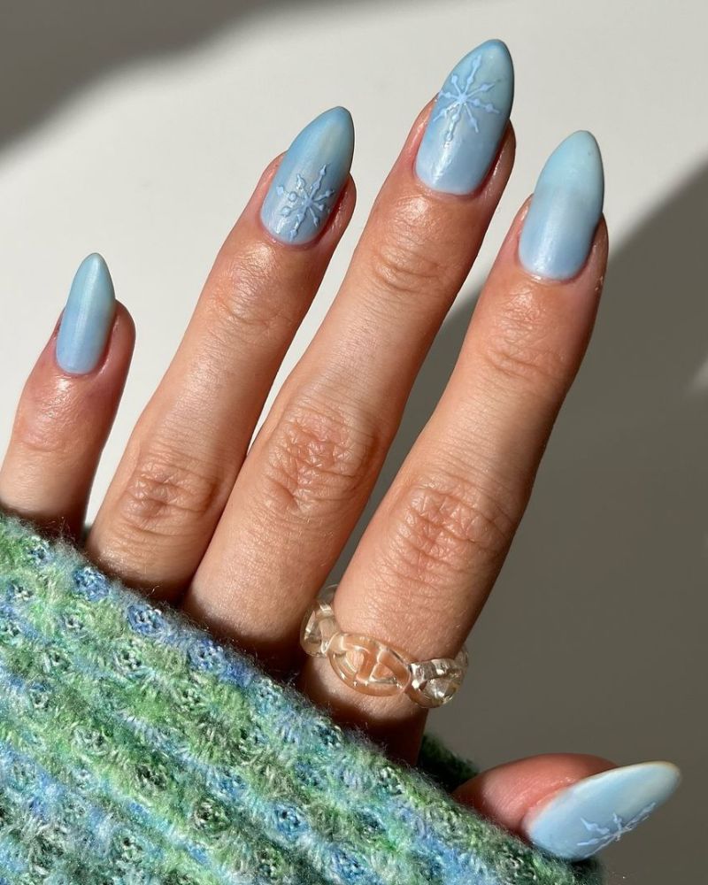Matte Pastel Blue Embossed Snowflakes Matte Pastel Blue Embossed Snowflakes — Winter Acrylic Nail Colors
