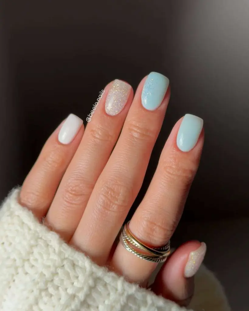 Soft Matte White and Blue with Glitter Soft Matte White and Blue with Glitter — Short Winter Square Nails