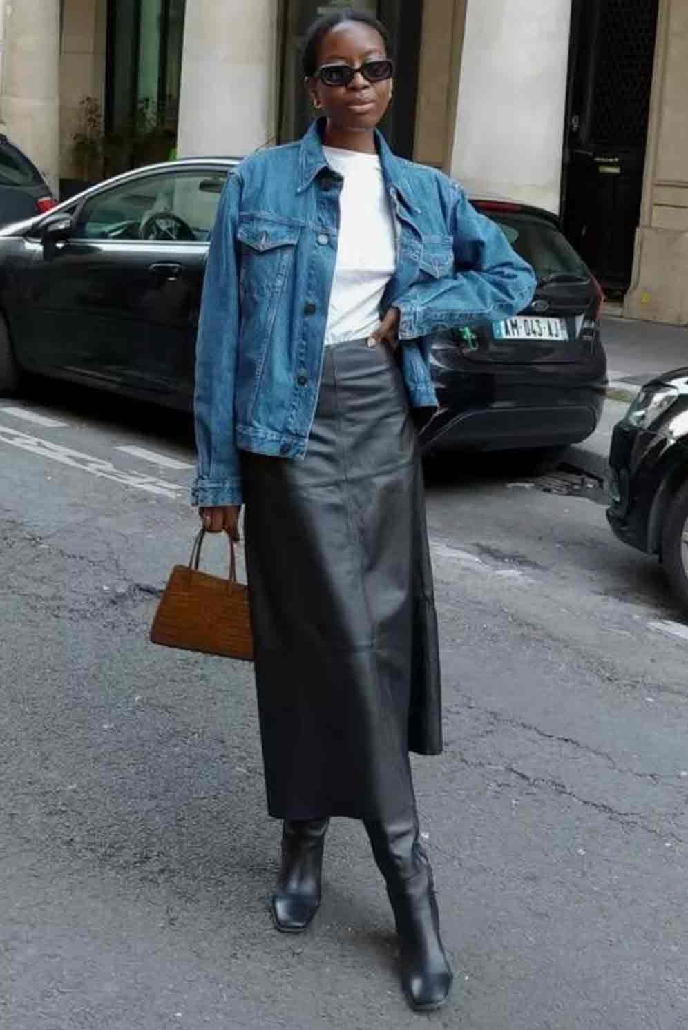 Black Leather Knee-High Boots with Maxi Skirt — Over the Knee Boots Outfits
