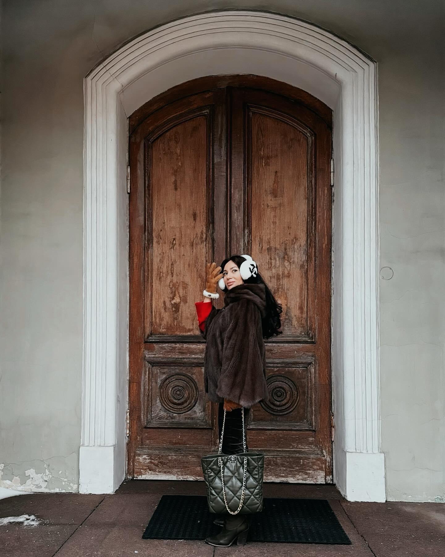 Statement Accents: White Earmuffs with Mink Coat and Green Bag Statement Accents: White Earmuffs with Mink Coat and Green Bag — Earmuffs Outfits