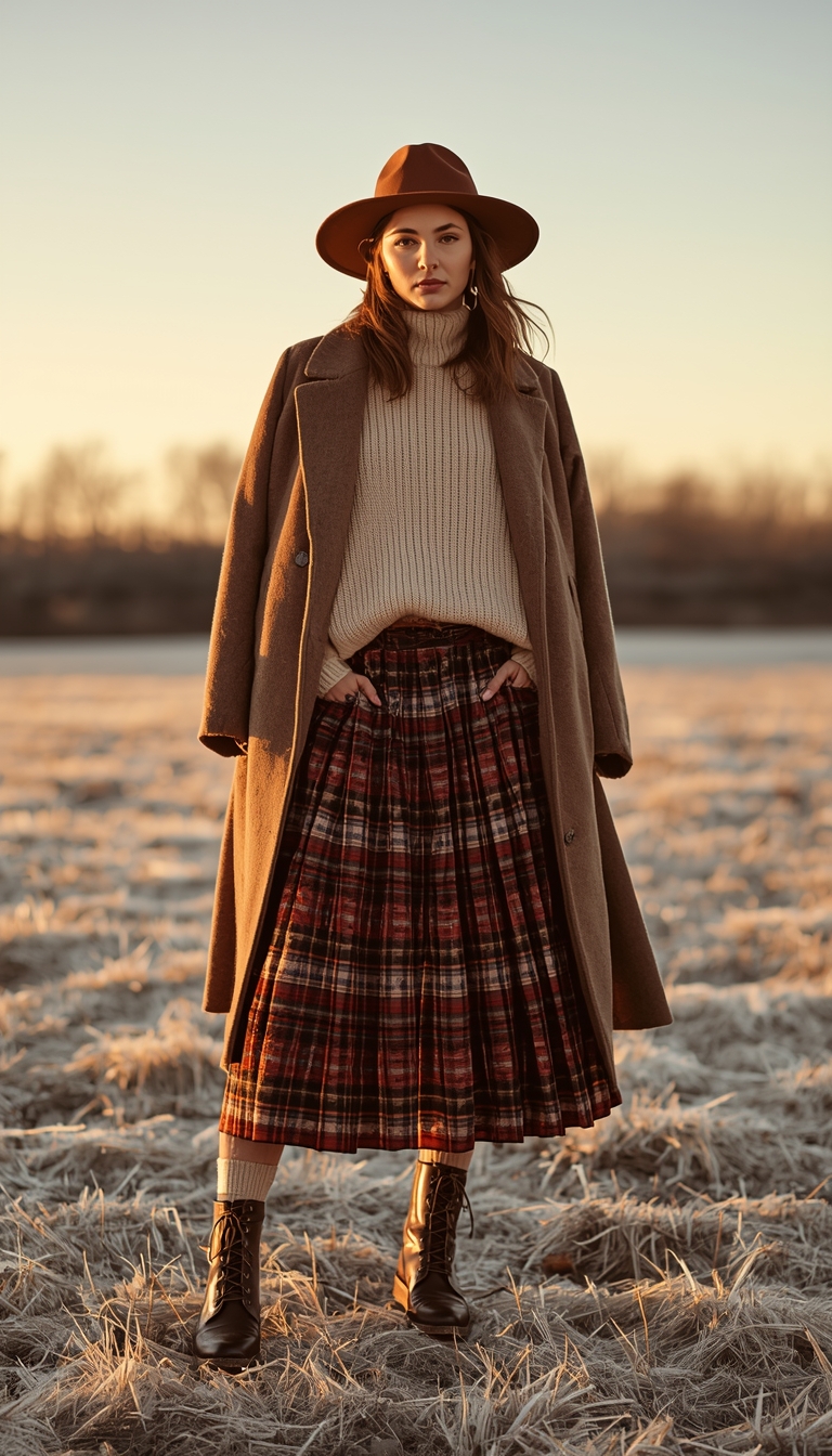 Turtleneck Sweater with Plaid Midi Skirt and Long Brown Coat — Boho Winter Outfits