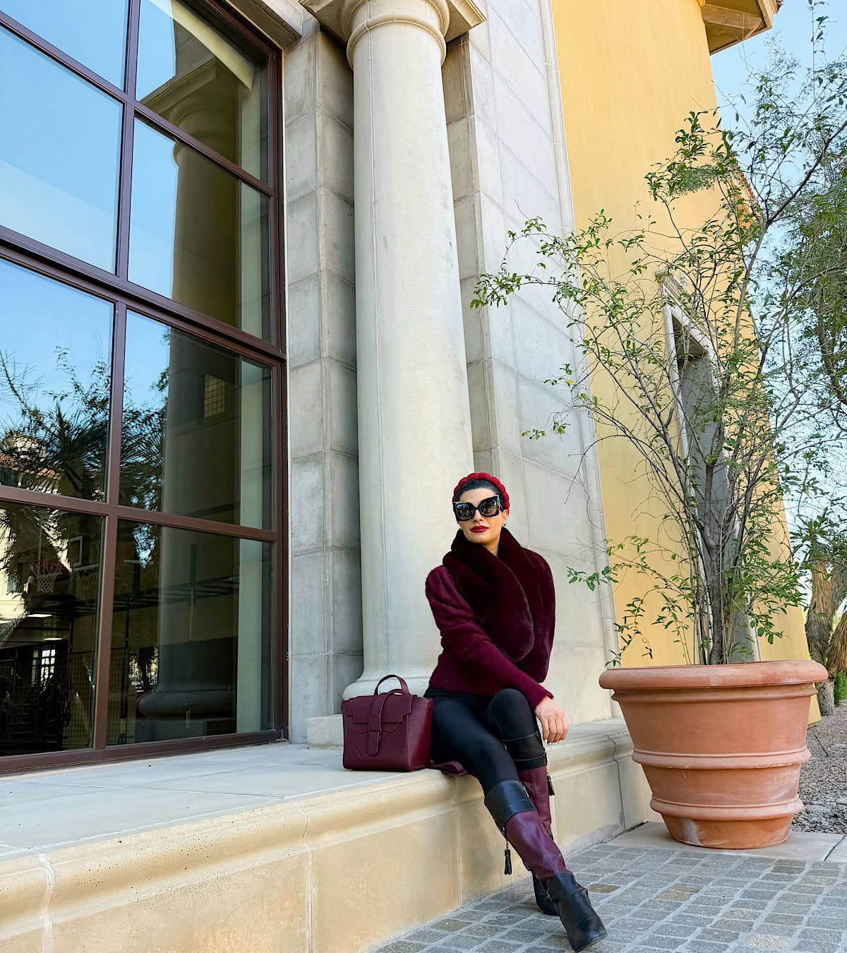 Plush Burgundy Faux Fur Jacket with Tasseled Boots Plush Burgundy Faux Fur Jacket with Tasseled Boots — Burgundy Outfits