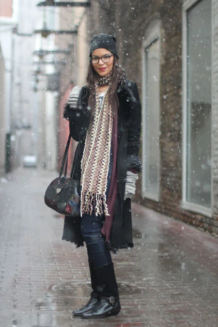 Long Fur-Trimmed Coat with Colorful Scarf Long Fur-Trimmed Coat with Colorful Scarf — Chicago Winter Outfits