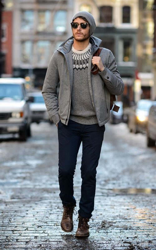 Grey Hooded Jacket with Fair Isle Sweater for Casual Warmth — Winter Outfits for Men