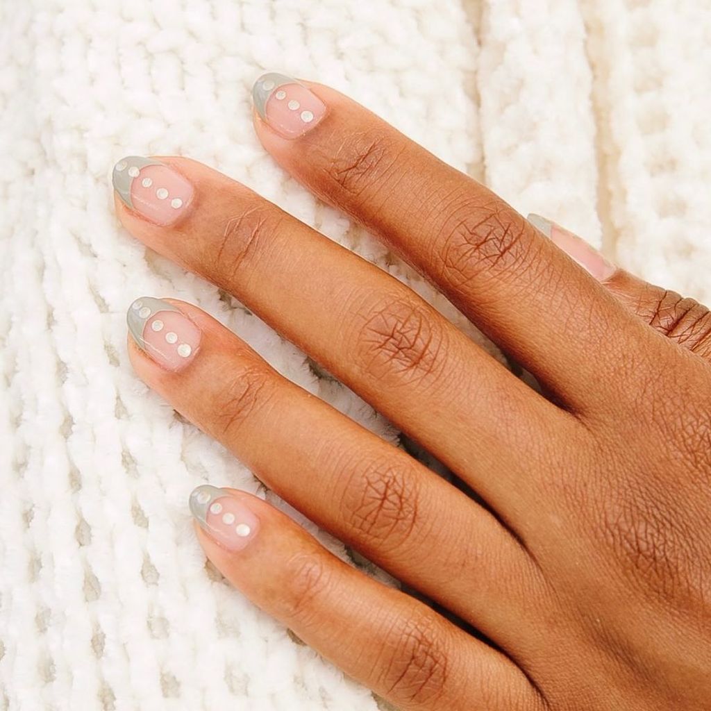 Light Grey Dot French Short Almond Light Grey Dot French Short Almond — Simple Winter Nails