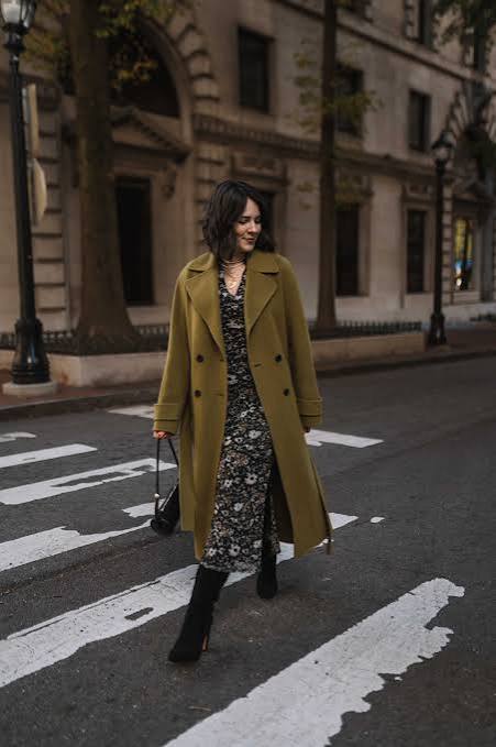 Floral Print Midi Dress with Olive Green Coat Floral Print Midi Dress with Olive Green Coat — Dressy Winter Outfits