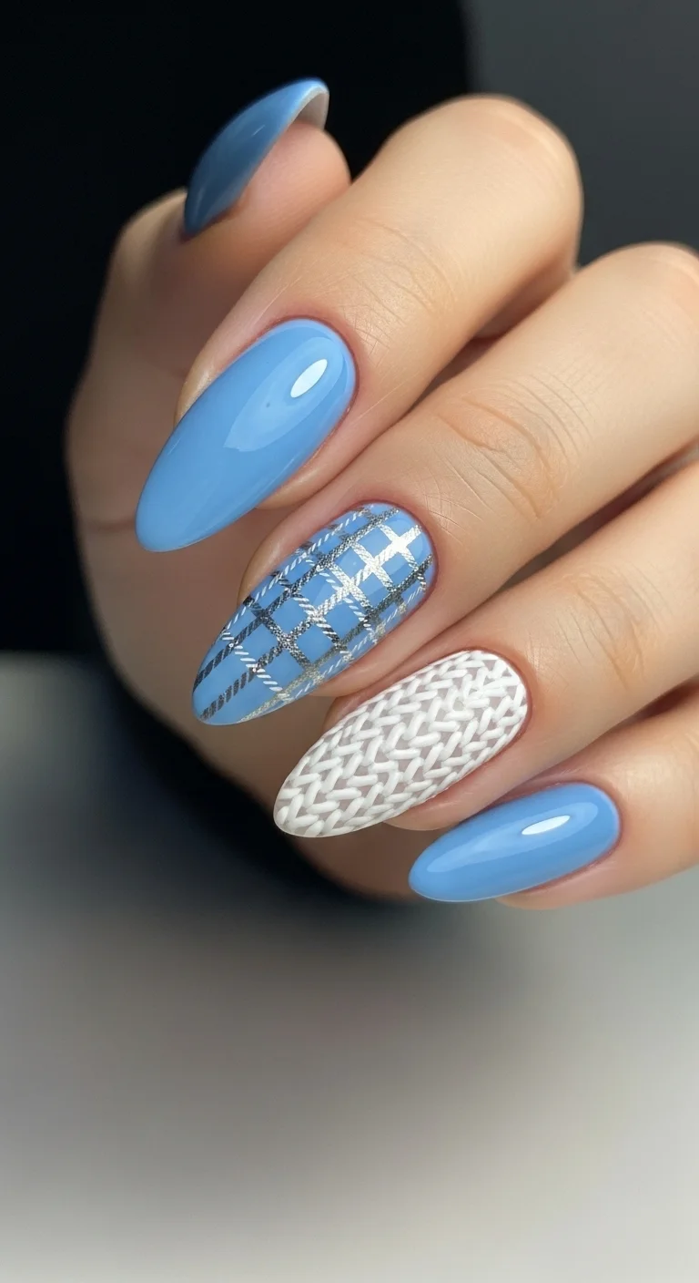 Light Blue Knit and Silver Plaid Nails Light Blue Knit and Silver Plaid Nails — Sweater Nails