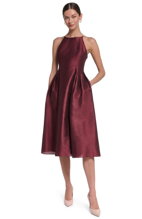 Burgundy Metallic Taffeta Fit-and-Flare Midi Dress Burgundy Metallic Taffeta Fit-and-Flare Midi Dress — Winter Formal Dresses