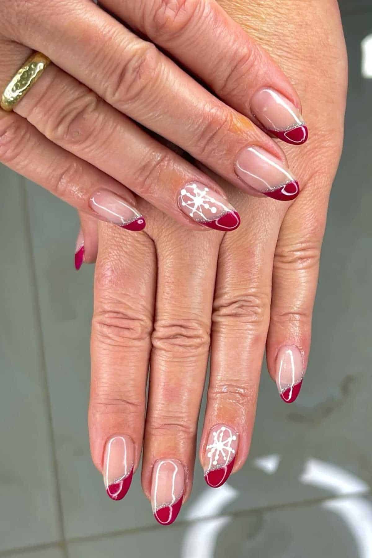 Red French Tip Silver Glitter Snowflake Nails Red French Tip Silver Glitter Snowflake Nails