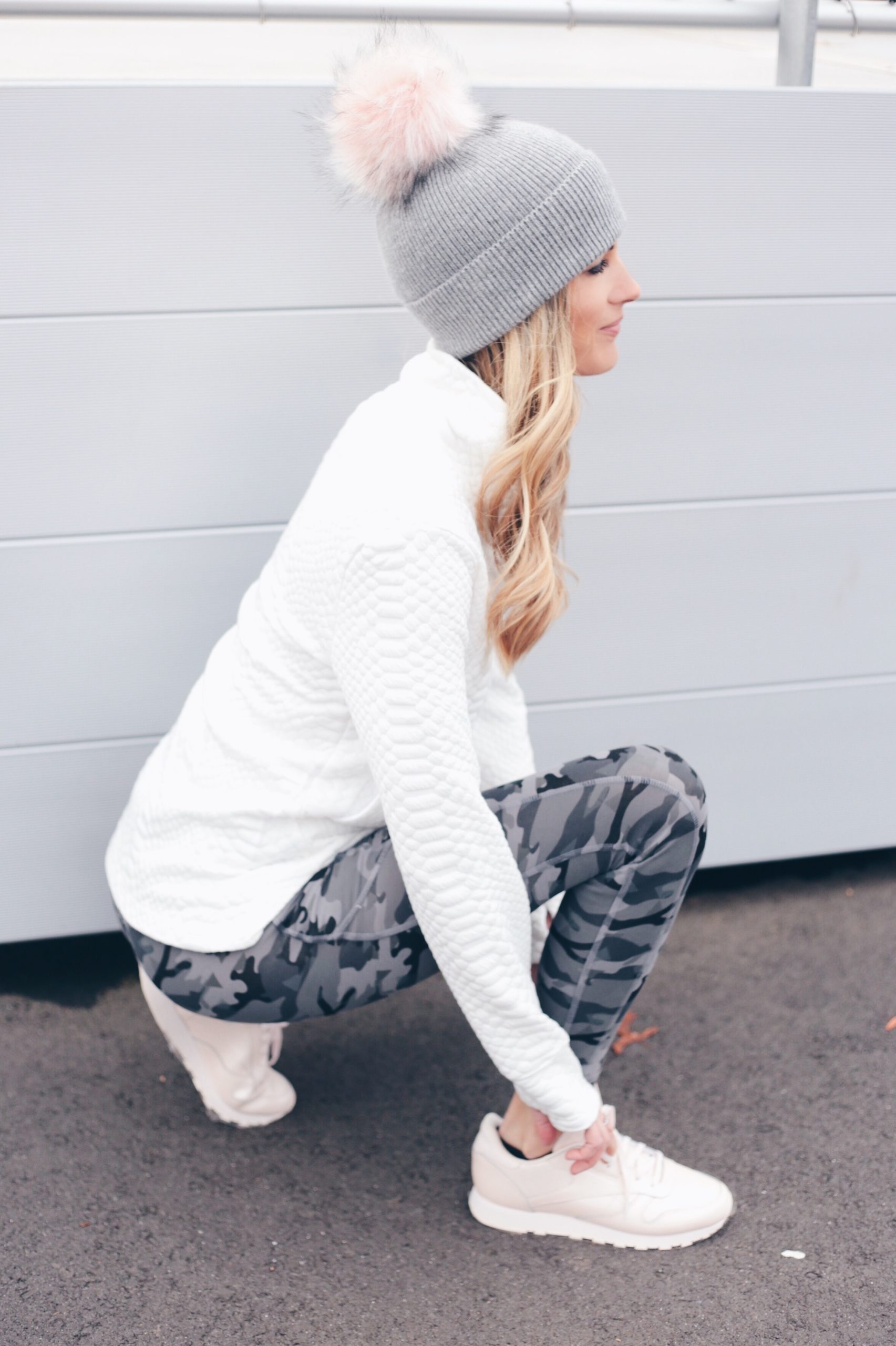 Camouflage Leggings with Textured Top and Pom-Pom Beanie — Winter Workout Outfits