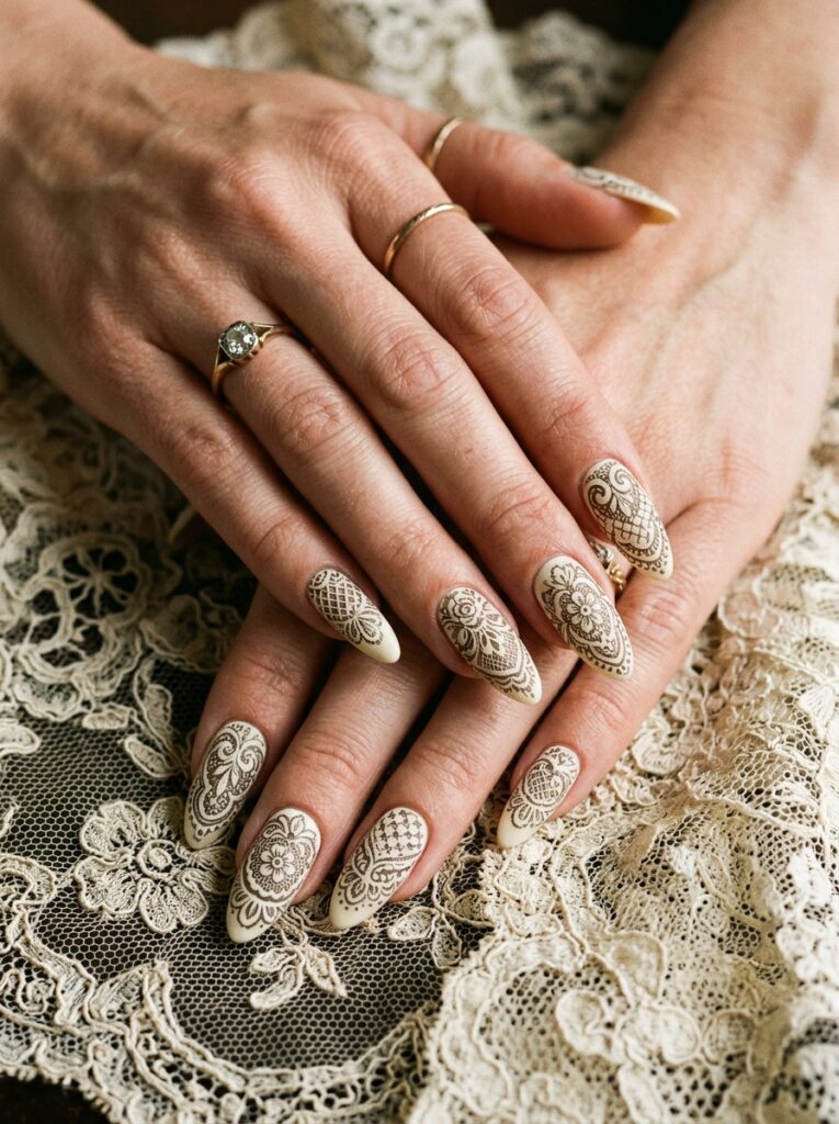 Off-White Dark Brown Lace Almonds Off-White Dark Brown Lace Almonds — Lace Nails