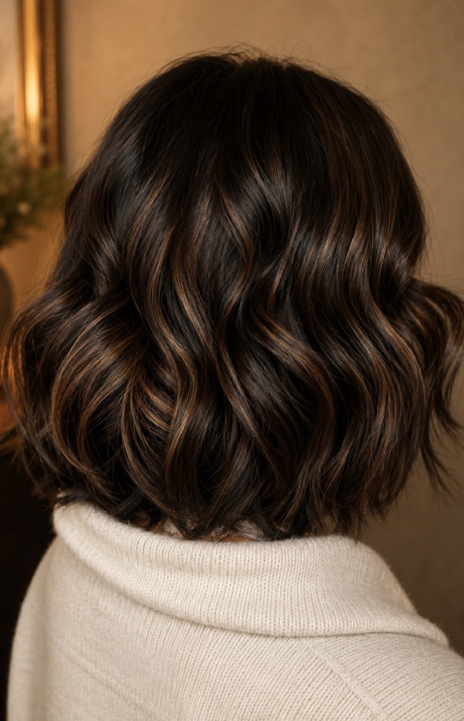 Collarbone Bob Dimensional Highlights — Dark Chocolate Brown Hair