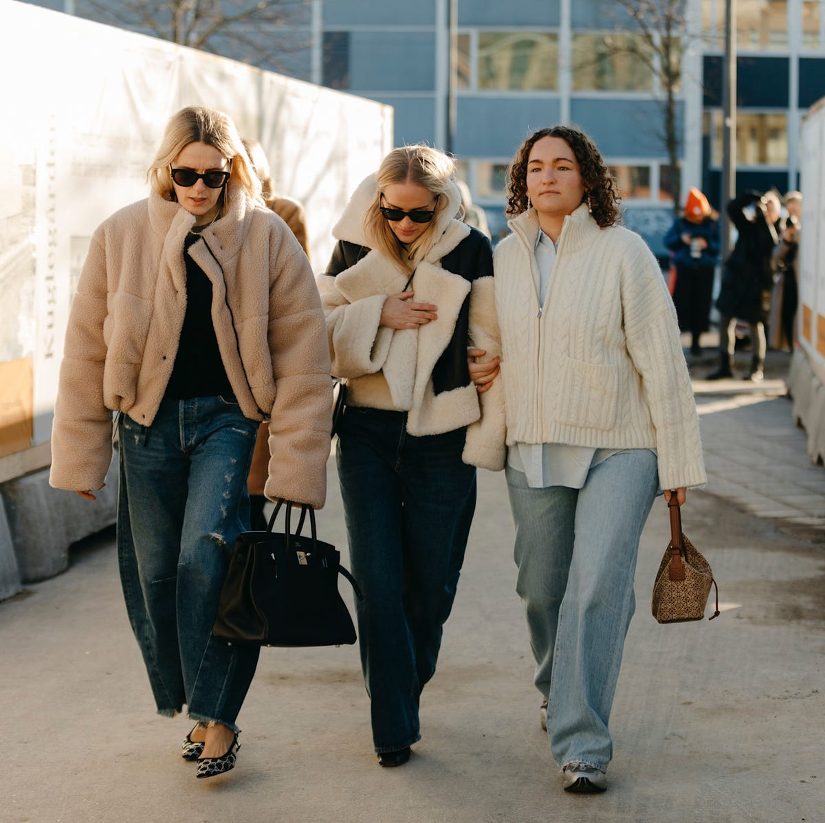 Denim Shearling Teddy Fleece Knit Outfit Idea Denim Shearling Teddy Fleece Knit Outfit Idea — Winter Outfits with Wide Leg Jeans