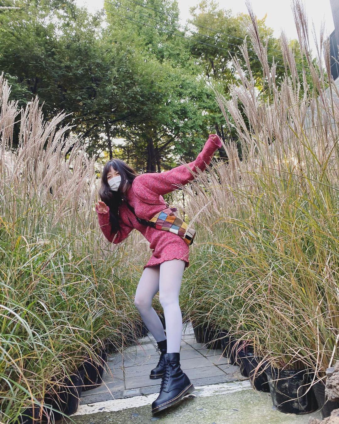 Pink Textured Dress with Combat Boots — Korean Winter Outfits