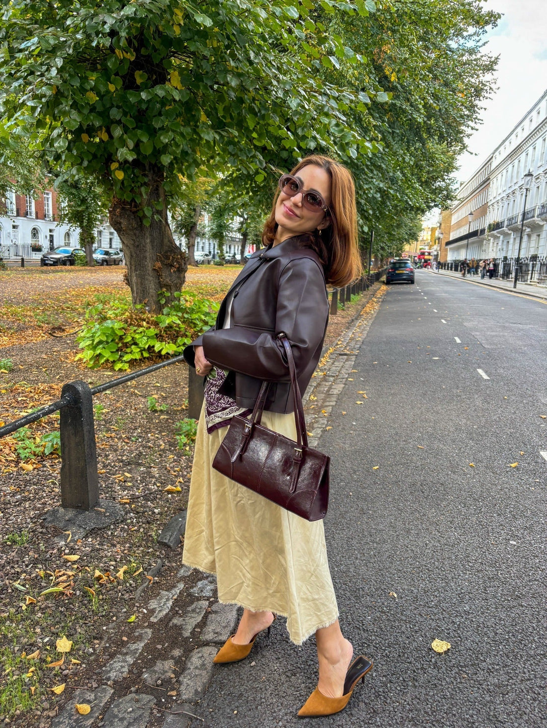 Smart Casual: Dark Brown Leather Jacket with Midi Skirt Smart Casual: Dark Brown Leather Jacket with Midi Skirt — Chocolate Brown Outfits