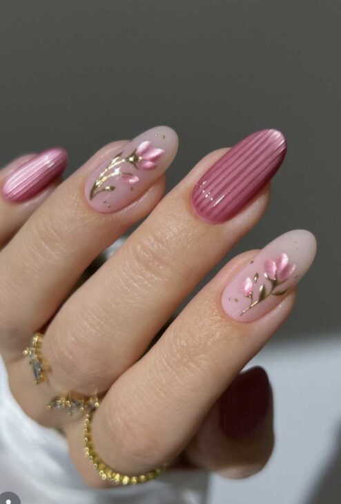 Glossy Sheer Pink Gold Floral Oval Nails Glossy Sheer Pink Gold Floral Oval Nails — Winter to Spring Transition Nails