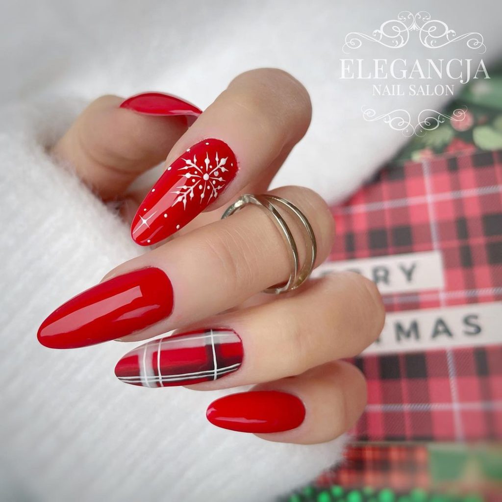 Glossy Bright Red Plaid Snowflake Stiletto Nails Glossy Bright Red Plaid Snowflake Stiletto Nails — Winter Red Nails