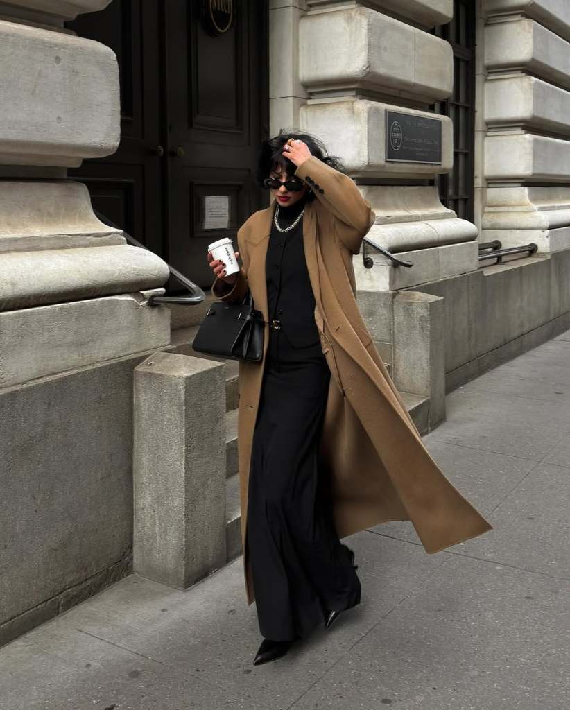 Long Camel Coat Over Black Vest and White Shirt Long Camel Coat Over Black Vest and White Shirt — Winter Work Outfits