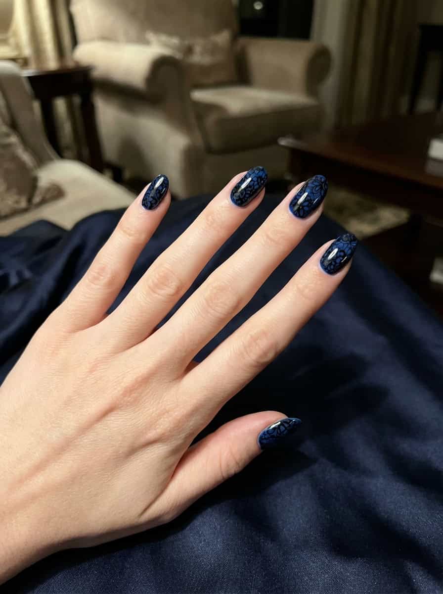 Medium Almond Navy Lace Pattern Medium Almond Navy Lace Pattern — Navy Blue Nails