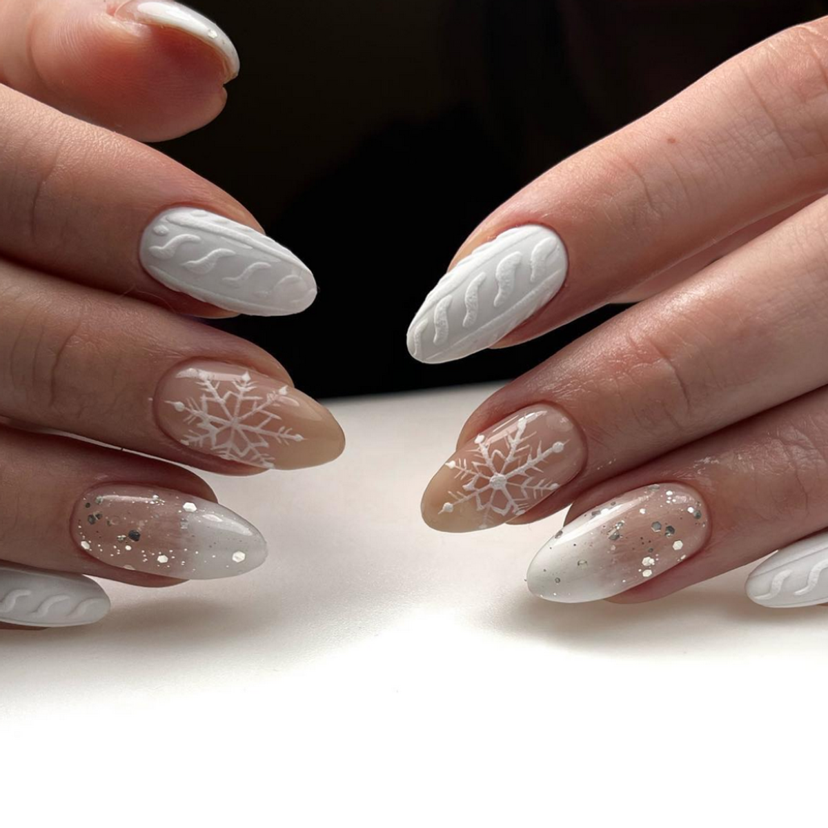 Winter Cable Knit and Snowflake Nails — Winter Nail Colors for Women Over 70