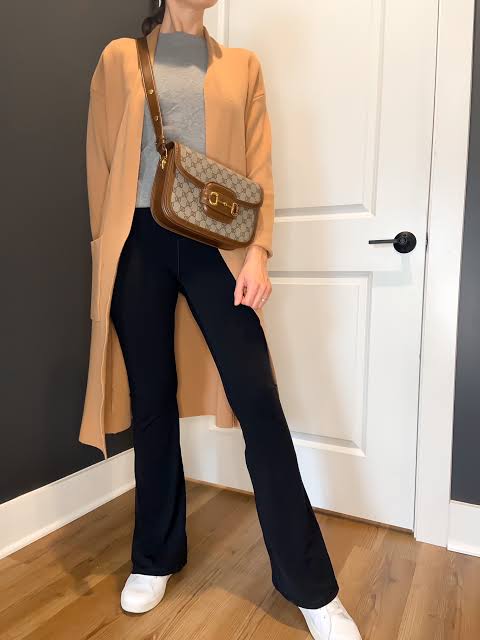Elevated Casual Flare Leggings with Camel Cardigan — Flare Leggings Outfits