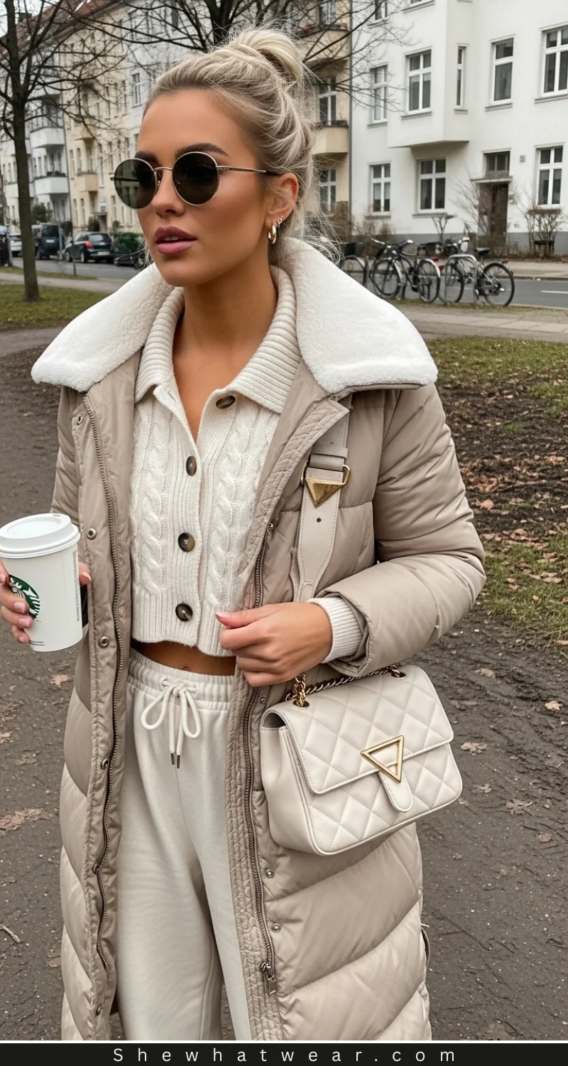 Beige Puffer with Cropped Sweater and Matching Sweatpants — Long Puffer Coat Outfits