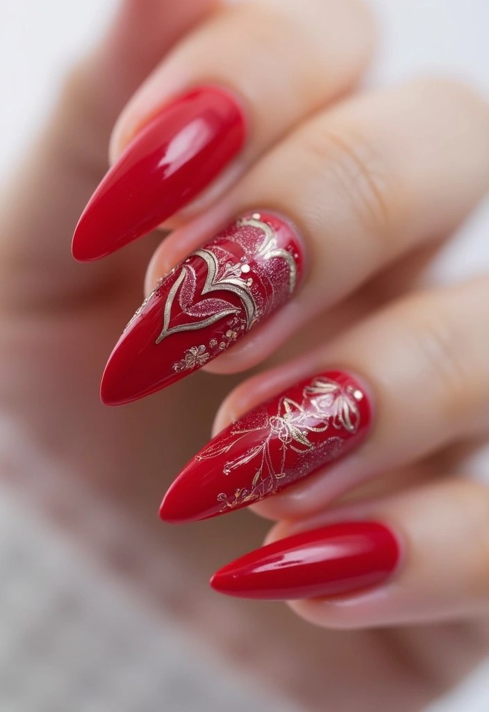 Vibrant Red with Gold Filigree Art Vibrant Red with Gold Filigree Art — nail art ideas