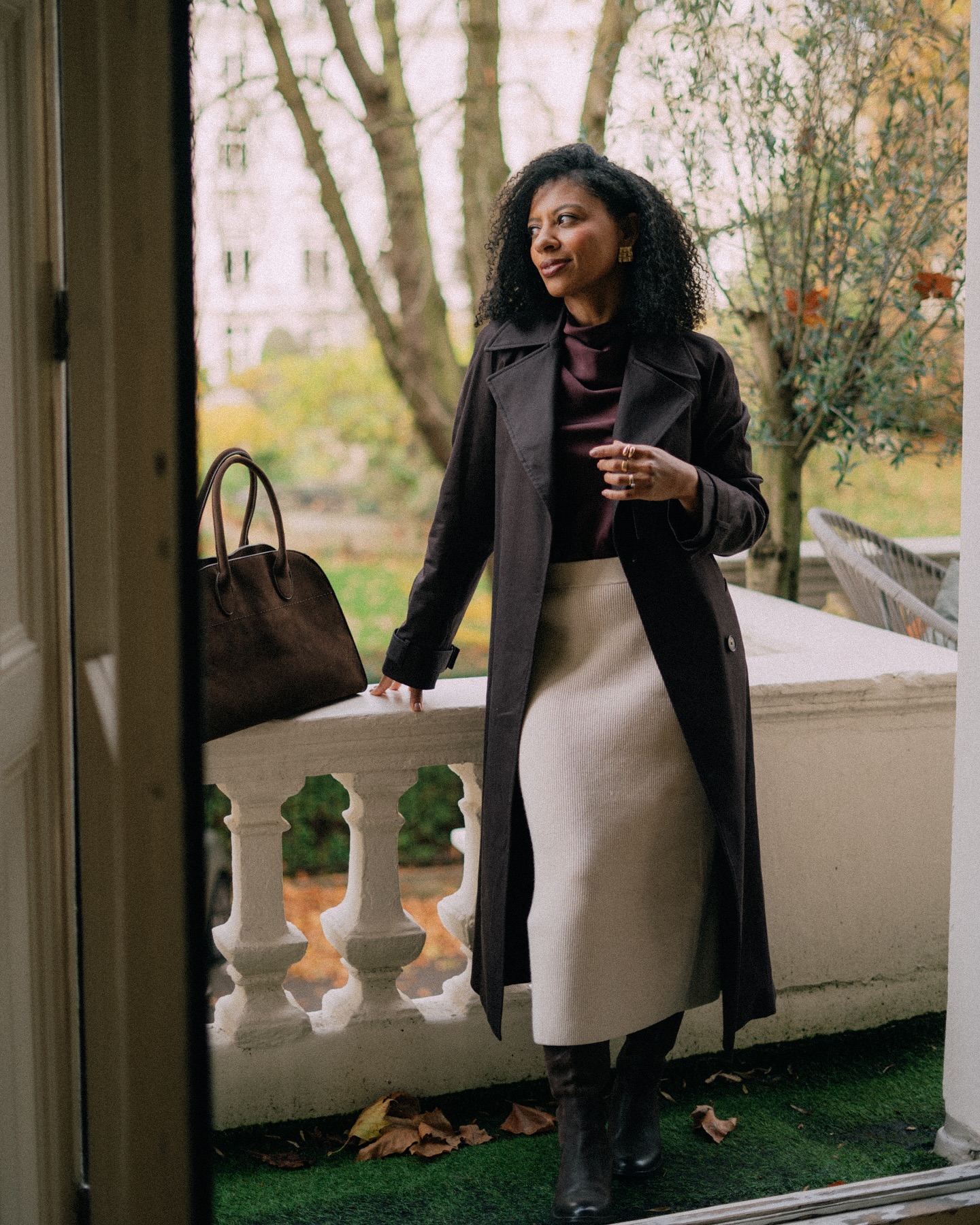 Elegant Trench Coat with Satin Top and Knit Skirt Elegant Trench Coat with Satin Top and Knit Skirt — winter outfits for black women