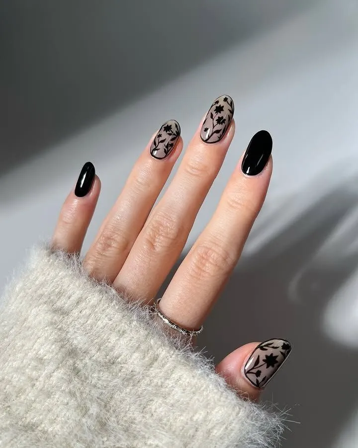 Black Lace Floral Sheer Nude Almonds Black Lace Floral Sheer Nude Almonds — Winter Black Nails