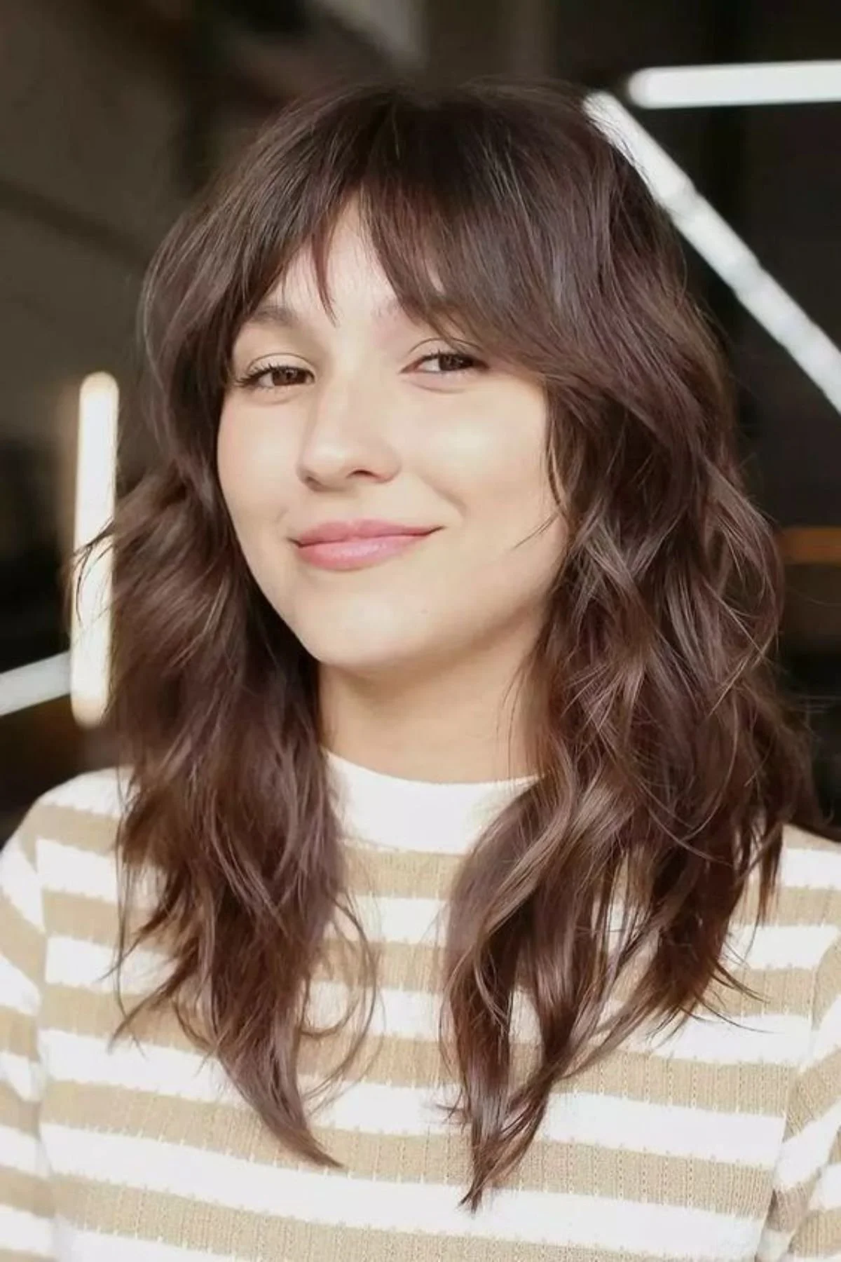 Shoulder Long Shag Natural Waves Shoulder Long Shag Natural Waves — Winter Haircuts with Curtain Bangs