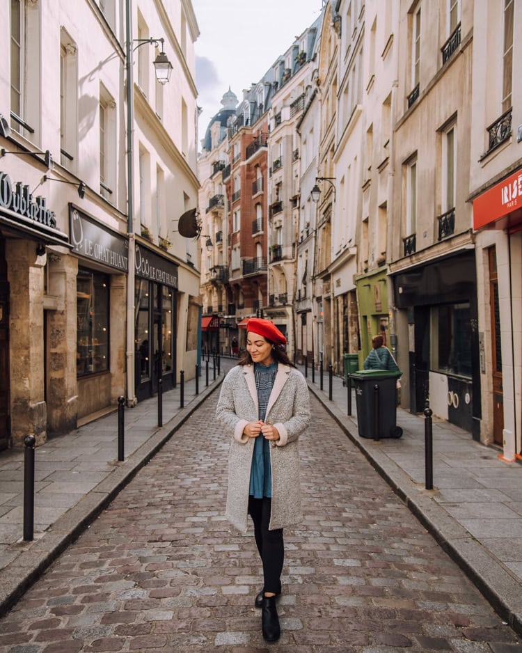Grey Patterned Coat with Red Beret and Ankle Boots — Paris Winter Outfits