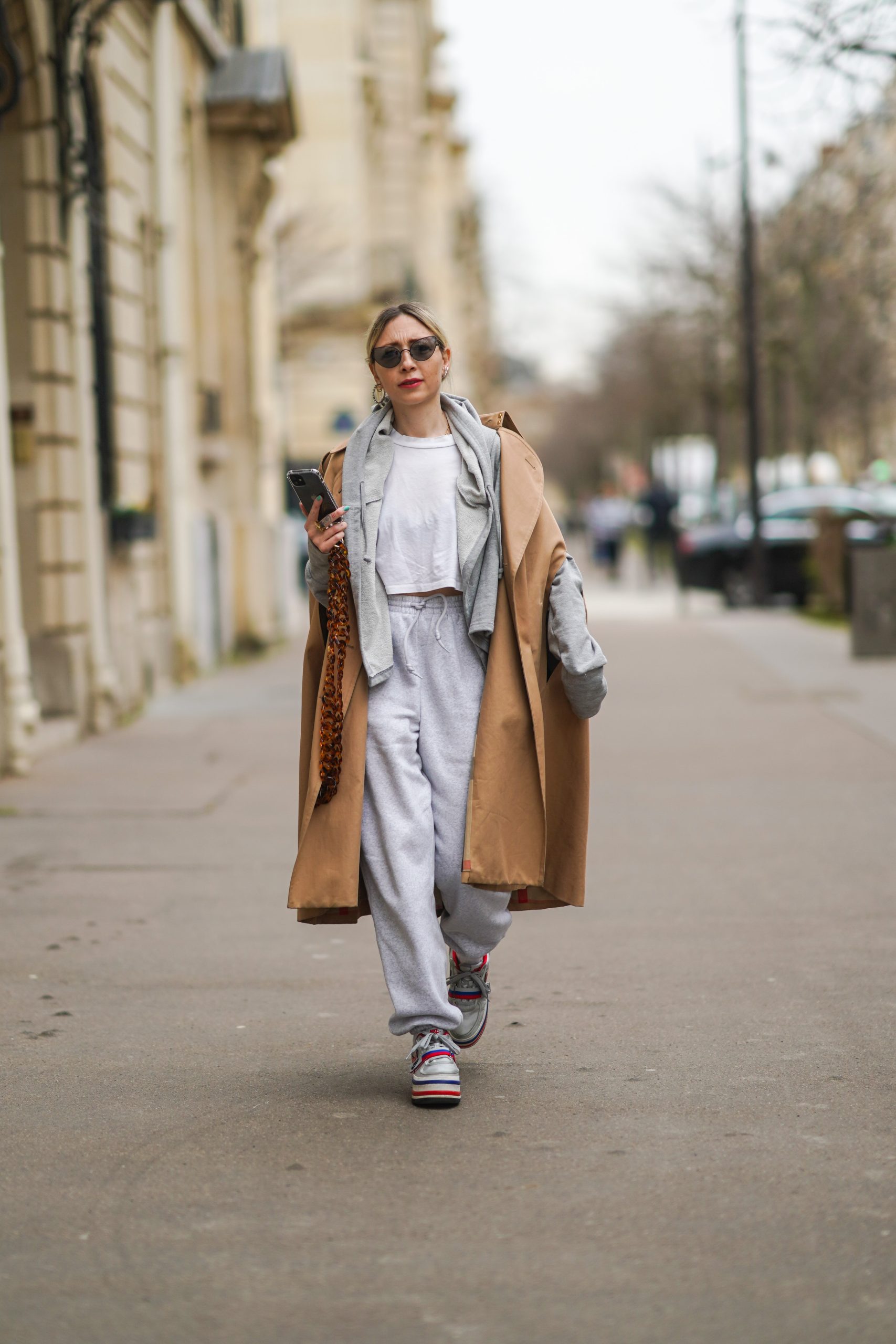 Trench Coat Over Sweat Set and Scarf — Winter Athleisure Outfits