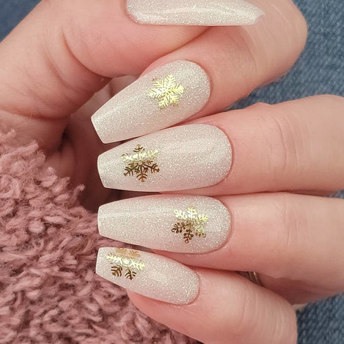 Sheer White Gold Snowflake Coffin Nails Sheer White Gold Snowflake Coffin Nails — Winter Dip Powder Nails